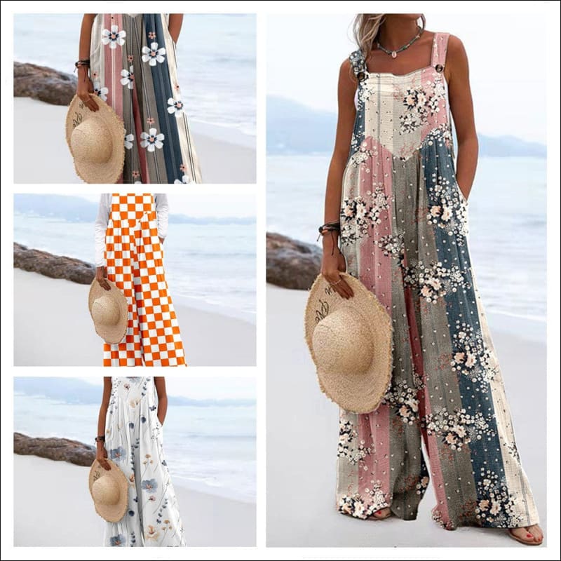 Vintage Print Square Neck Sleeveless Jumpsuit