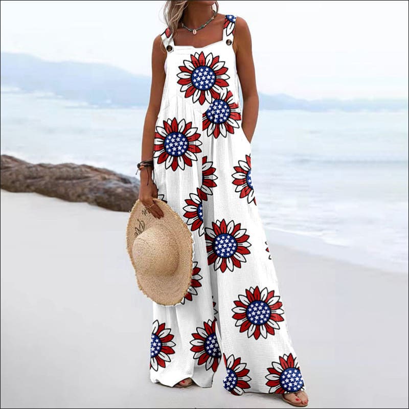 Vintage Print Square Neck Sleeveless Jumpsuit national flag