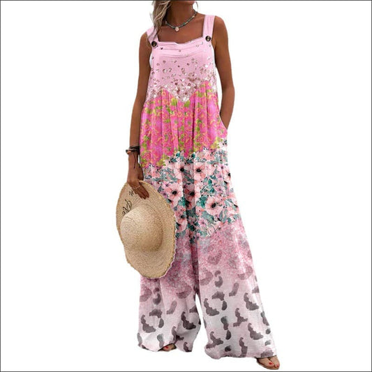 Vintage Print Square Neck Sleeveless Jumpsuit Pink / S