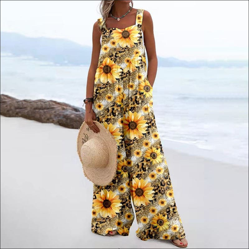 Vintage Print Square Neck Sleeveless Jumpsuit sunflower / S