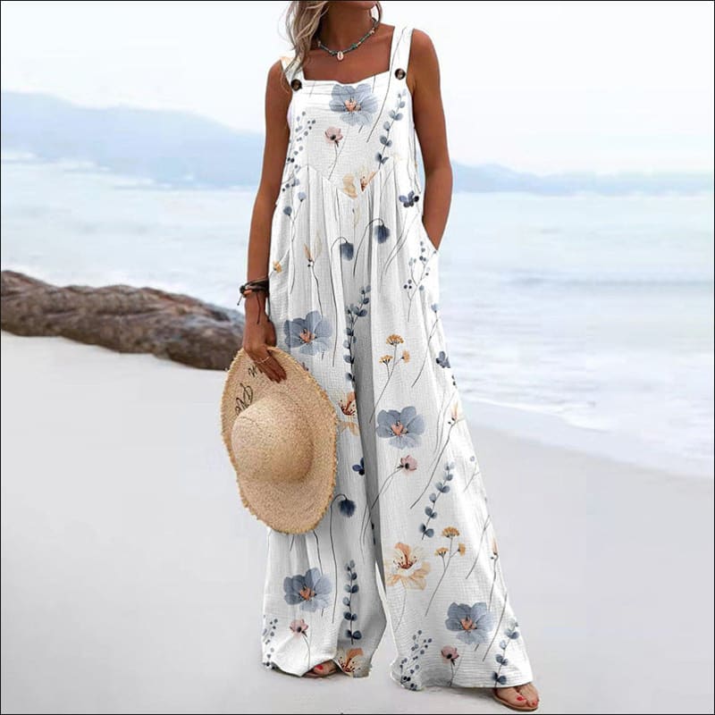 Vintage Print Square Neck Sleeveless Jumpsuit White flowers