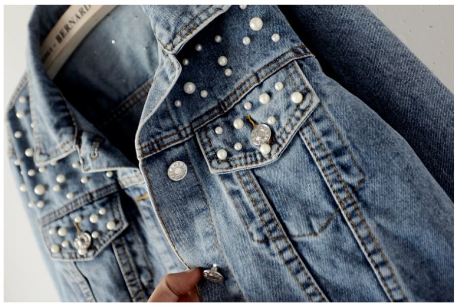 Womens Western Denim Jacket with Pearls and Buttons