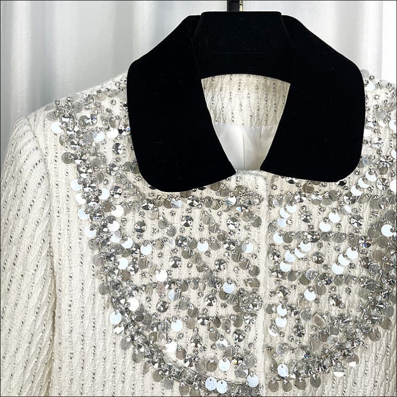 Women’s White Exquisite Rhinestone Chanel Style Coat