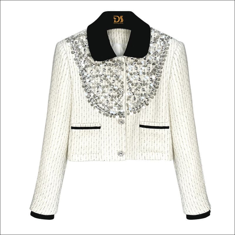 Women’s White Exquisite Rhinestone Chanel Style Coat