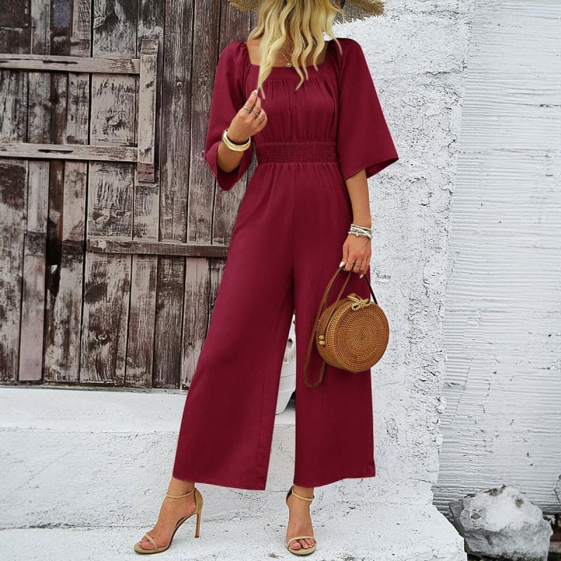 Womens Wide Leg Jumpsuit for Summer Casual Style Wine red