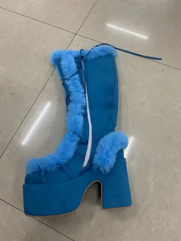 Womens Faux Fur Round Toe Platform Boots for Winter blue