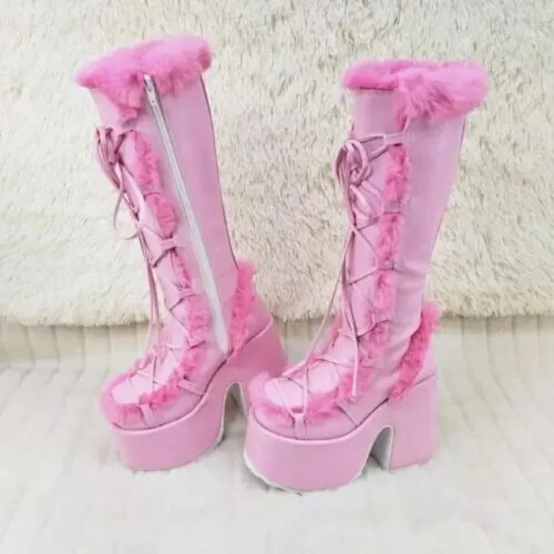 Womens Faux Fur Round Toe Platform Boots for Winter Pink PU