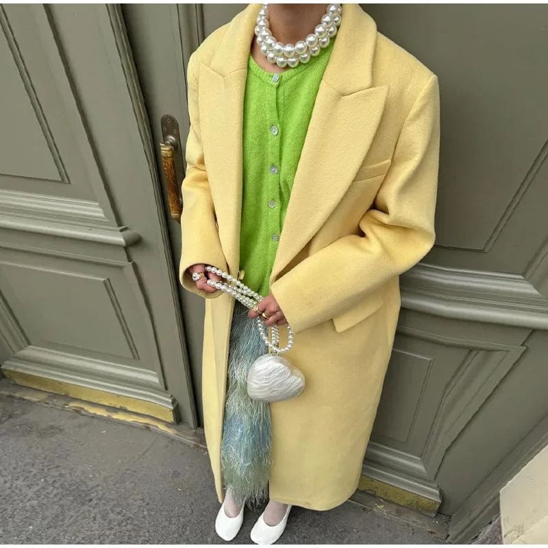 Womens Yellow Trench Coat with Collar One button Faux Wool