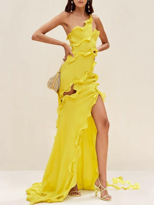 Vibrant yellow one-shoulder evening gown with ruffles and a high slit.