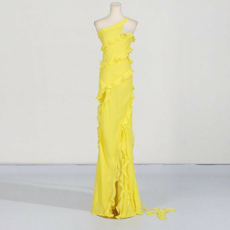 Yellow Elegant Style One Shoulder Long Dress Asymmetric