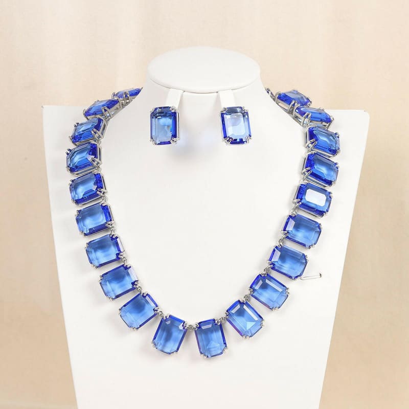 Zircon Necklace Square with Matching Earrings Set Blue