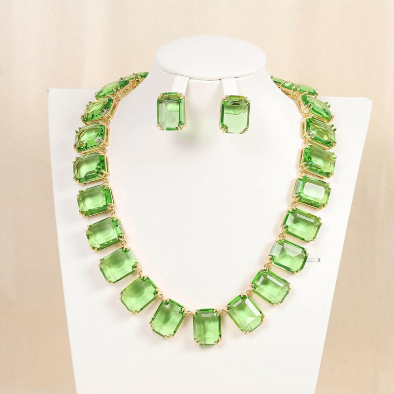 Zircon Necklace Square with Matching Earrings Set Green